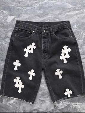 Chrome Hearts Black Denim Shorts with White Cross Patches